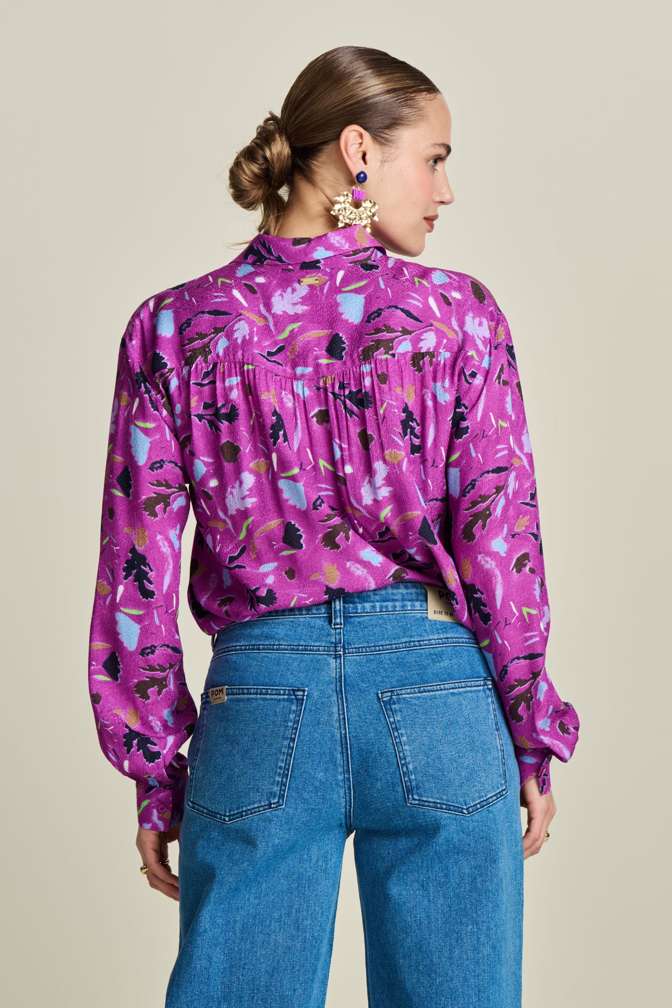 Fuchsia  Pink Floral Print Long Sleeve Blouse