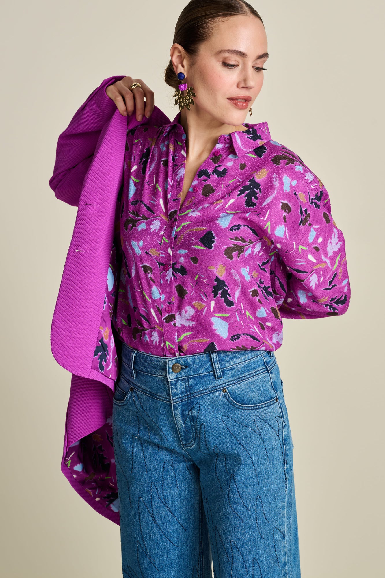 Fuchsia  Pink Floral Print Long Sleeve Blouse