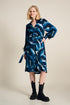 Blue midi dress with unique feather print, long sleeves and collar 