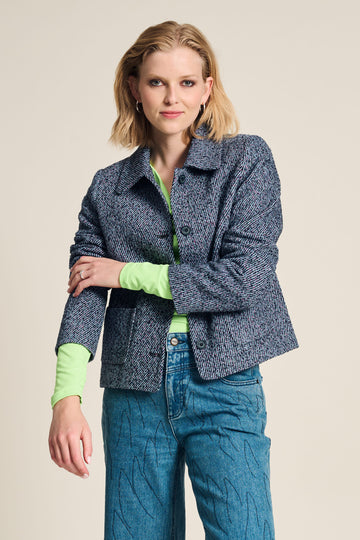 Blue Tweed Jacket with long sleeves and shirt collar. 