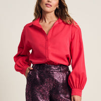 Vibrant Pink long sleeve shirt with slight shimmer in the fabric. 