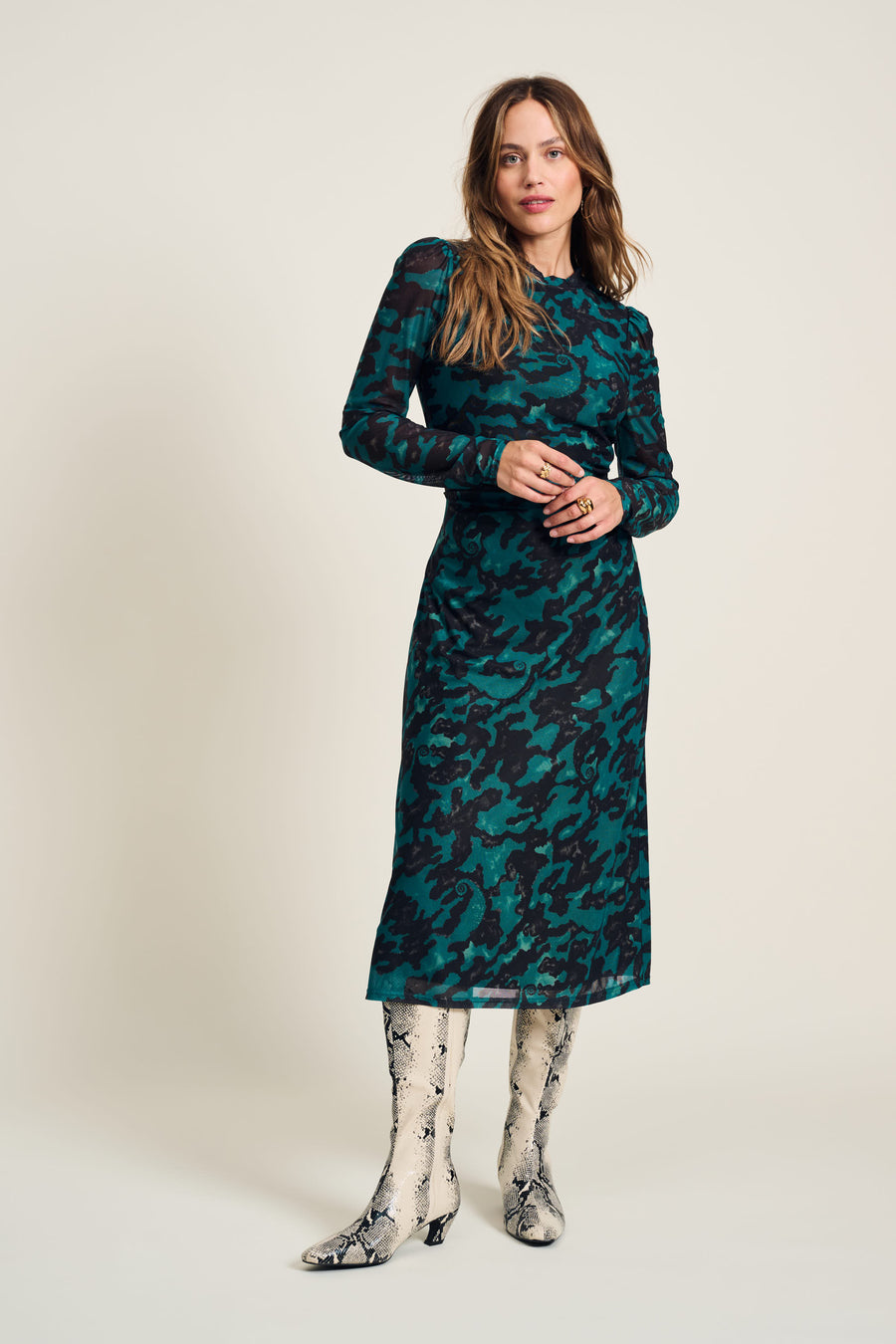 Green Camo print mesh dress long sleeves formal 