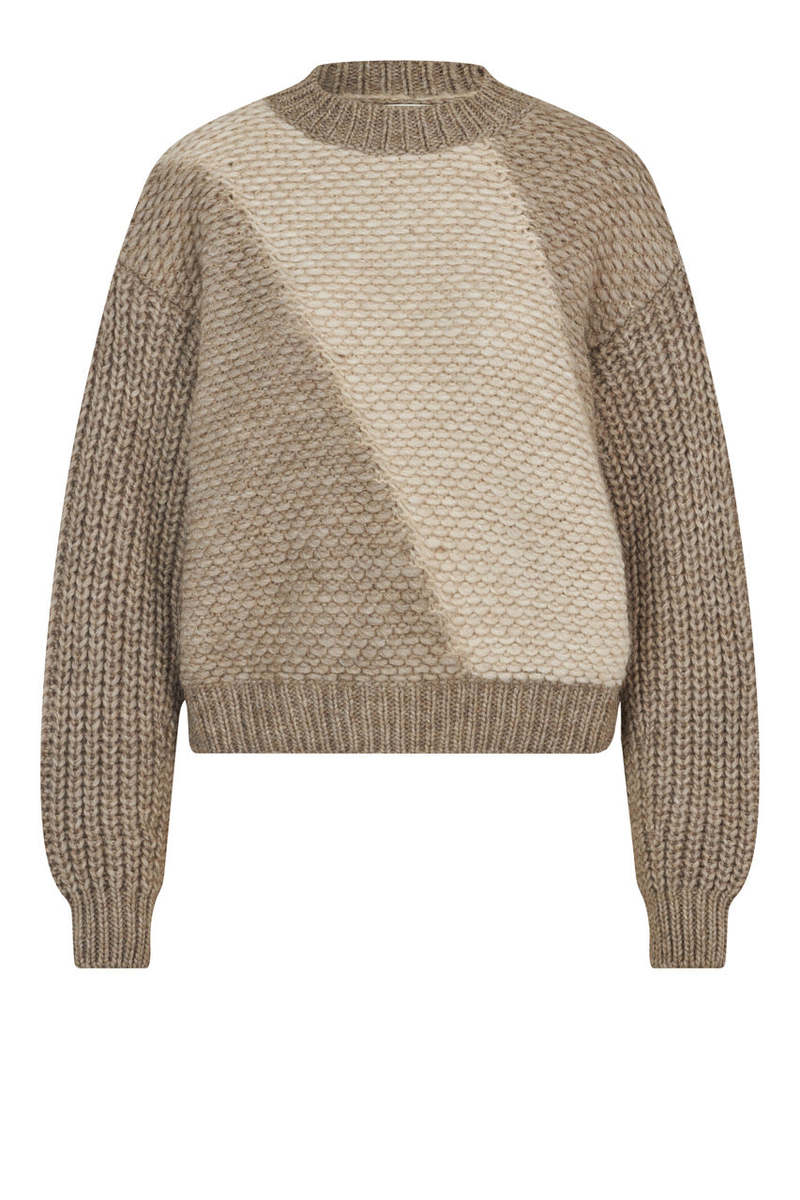 Chunky wool sweater with with a contrast, diagonal panel of lighter-knit fabric,  Cream and Walnut colour with slightly high neck. 