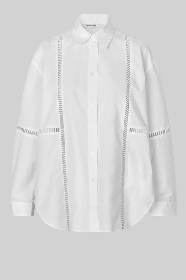 White long sleeve collared shirt with ladder lace detail. 