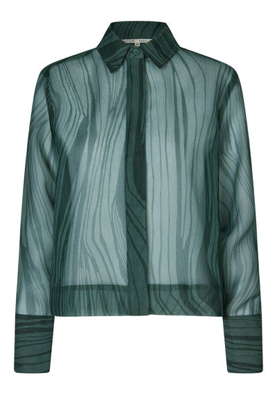 Forest Green Long Sleeve Sheer Shirt with subtle print. 