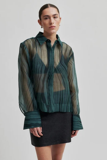 Forest Green Long Sleeve Sheer Shirt with subtle print. 