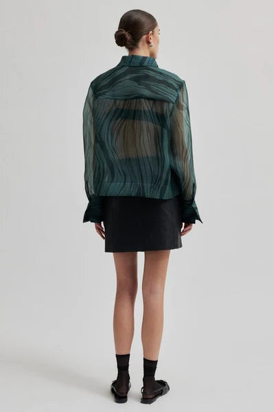 Forest Green Long Sleeve Sheer Shirt with subtle print. 