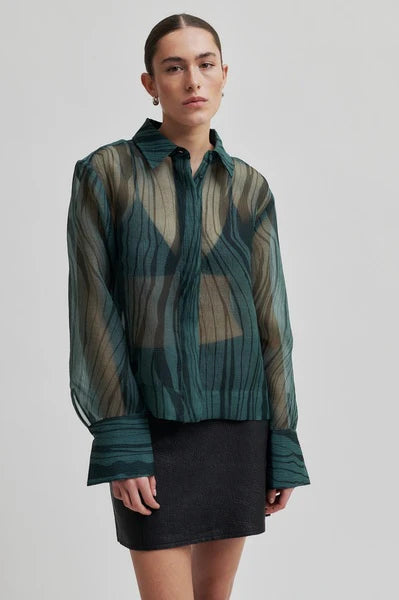 Forest Green Long Sleeve Sheer Shirt with subtle print. 