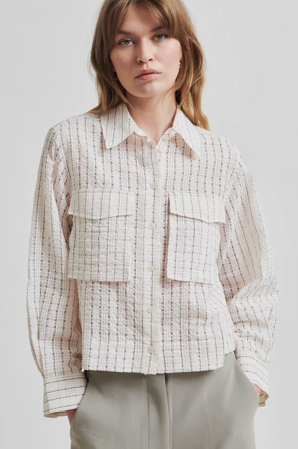 Model wearing a light checkered longs leeve seersucker blouse and beige pants on a white background