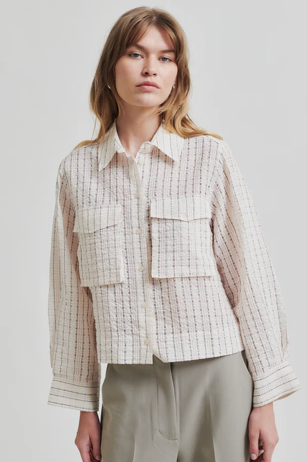 Model wearing a light checkered longs leeve seersucker blouse and beige pants on a white background