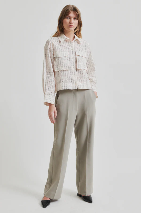 Model wearing a light checkered longs leeve seersucker blouse and beige pants on a white background