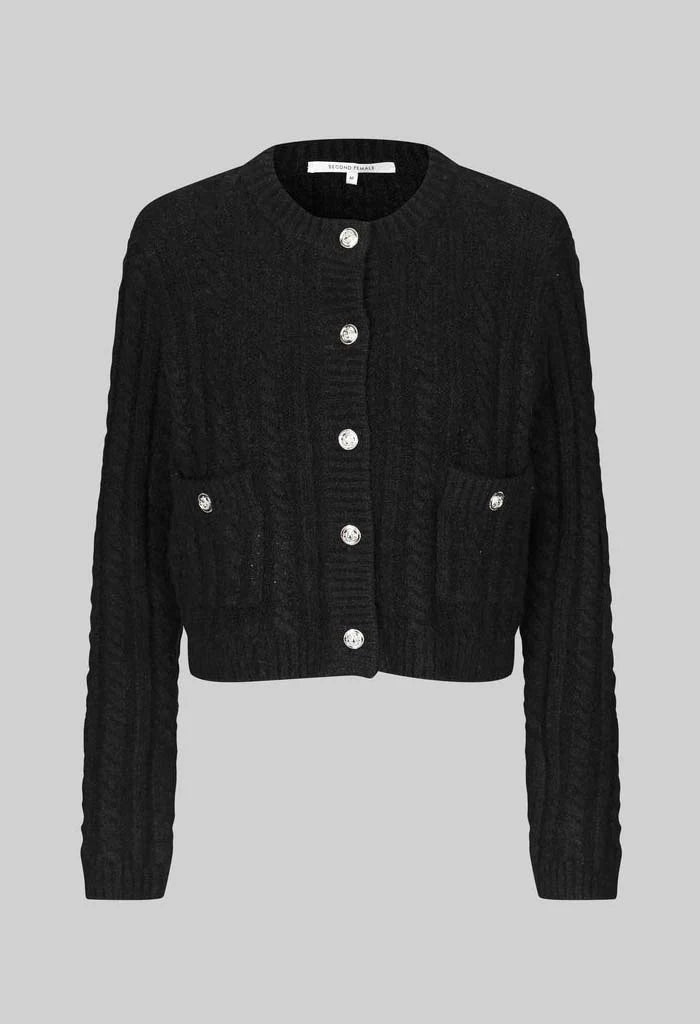 Black mock neck cardigan with gold button detail down front and on two front pockets at hip height. Flay lay. 