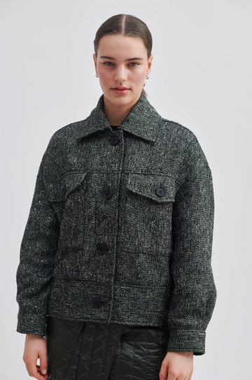 Cropped Tweed Jacket button front with collar and cuffs. 