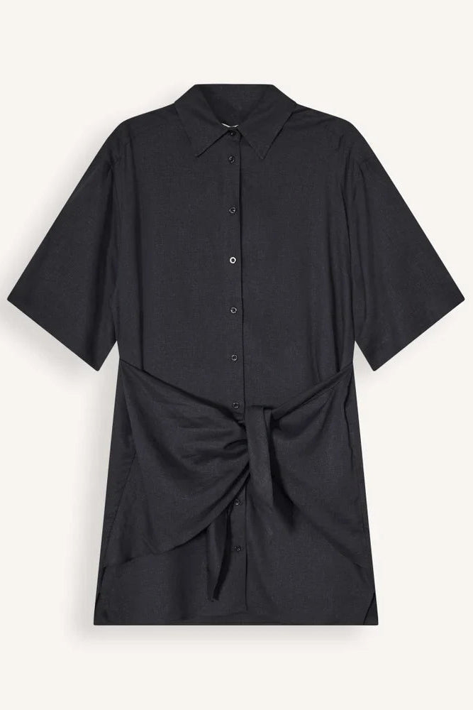 A black short-sleeve button-front shirt dress with a pointed collar and a knotted tie detail at the waist, shown flat against a light off-white background.