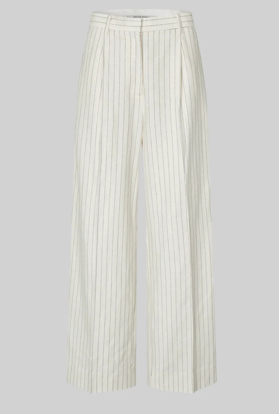 White wide leg pants with thin stripes on a light gray background