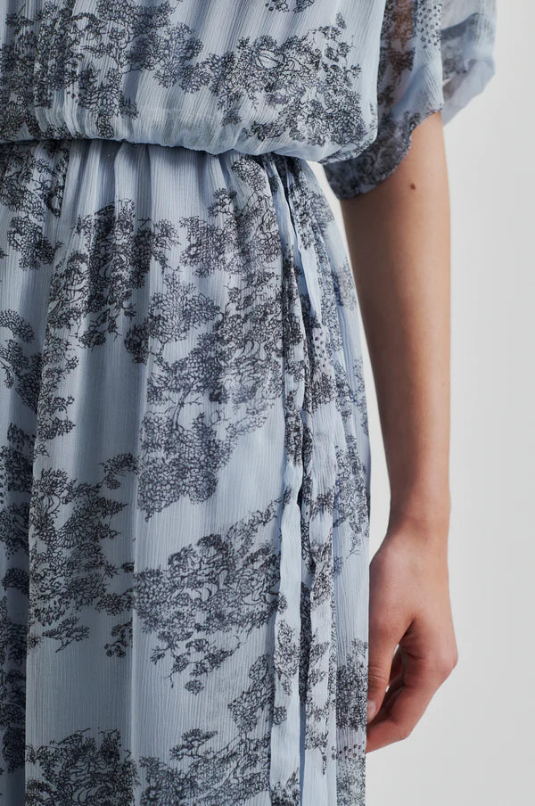Close-up of a light blue floral dress with grey floral print. 