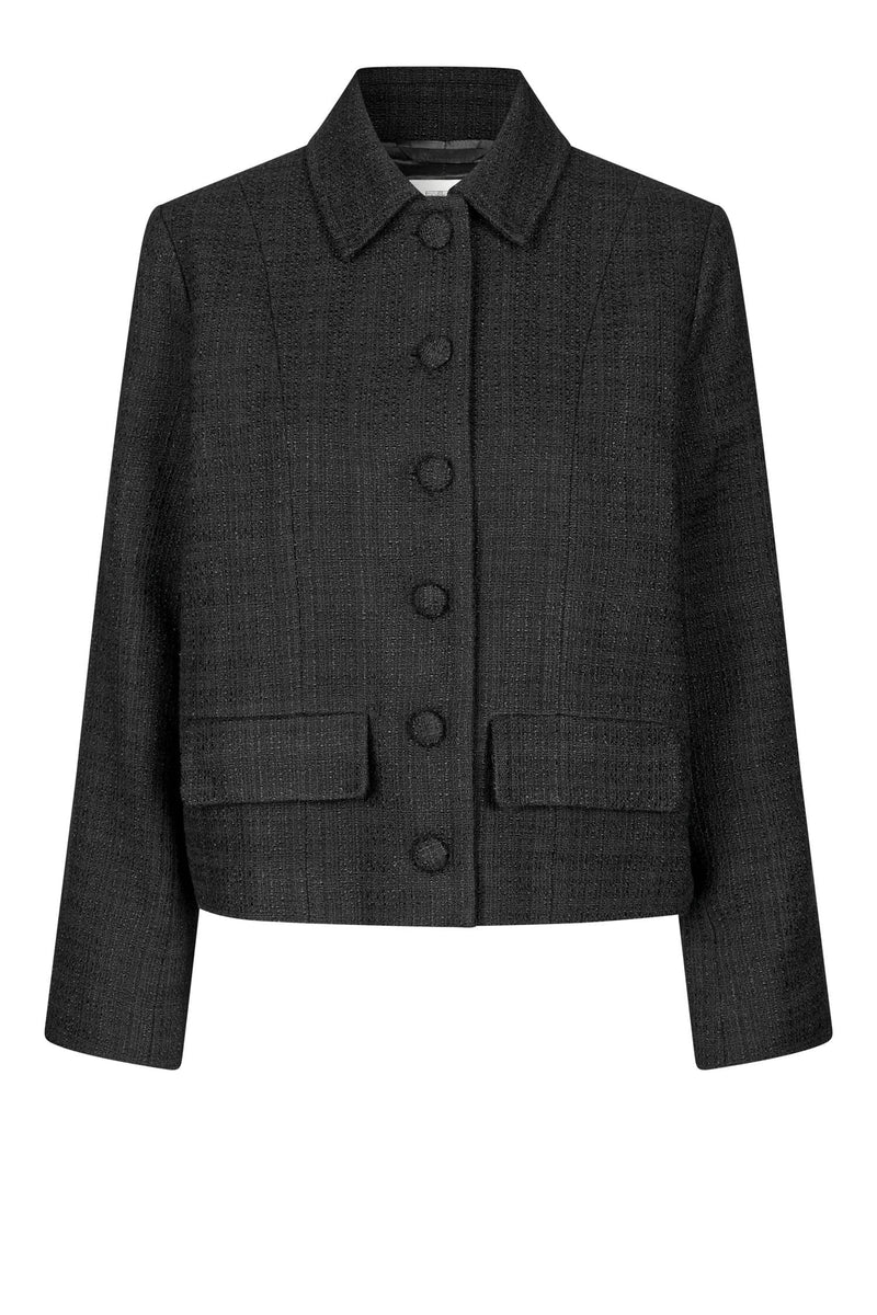 Tailored long sleeve black jacket with shirt collar, front pockets and covered buttons. 