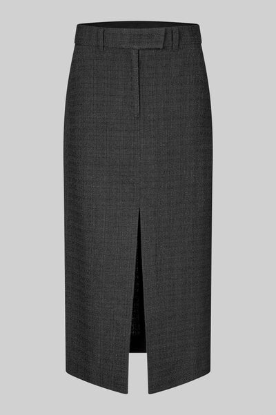 Long tailored black skirt with front slit. 