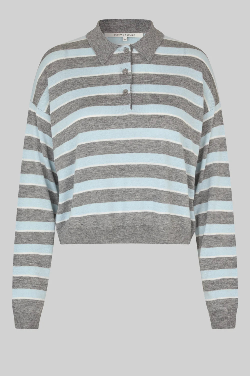 Striped long-sleeve shirt with gray and light blue stripes on a gray background