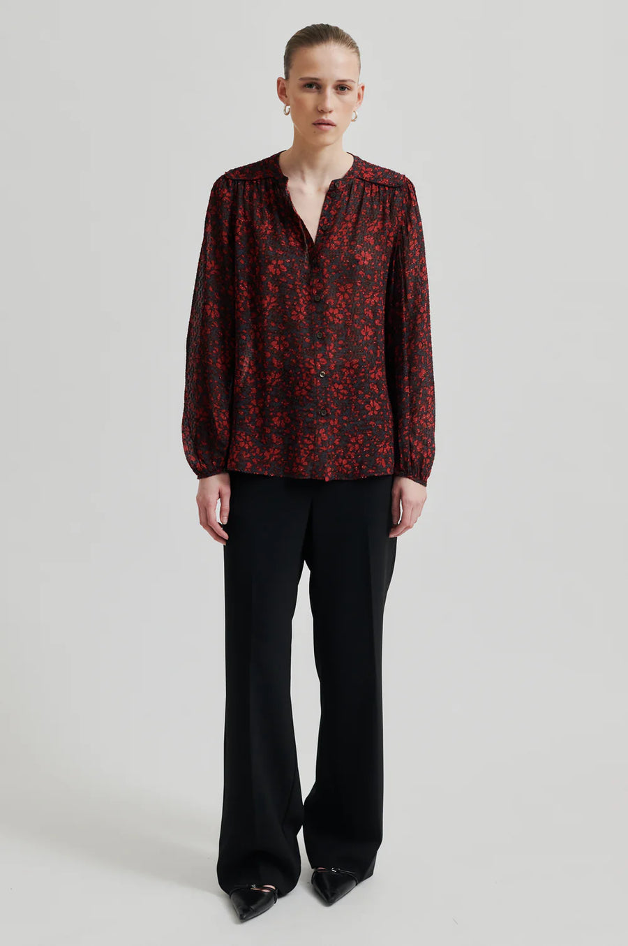 Loose fitting semi sheer shirt with pattern. Red and Black tonal. 