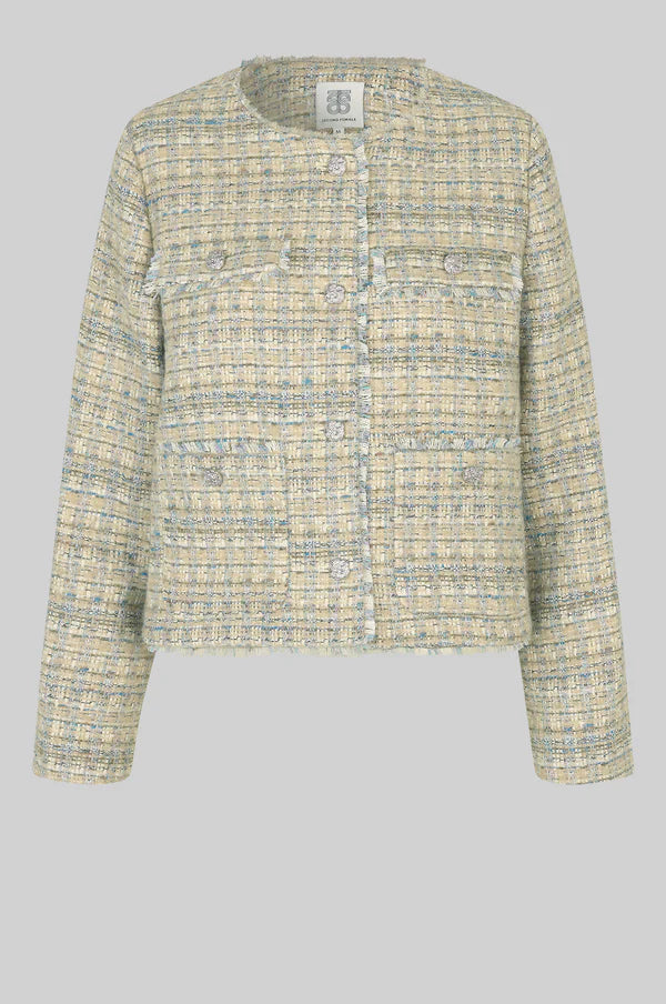 Boxy textured jacket with covered buttons and front pockets. 