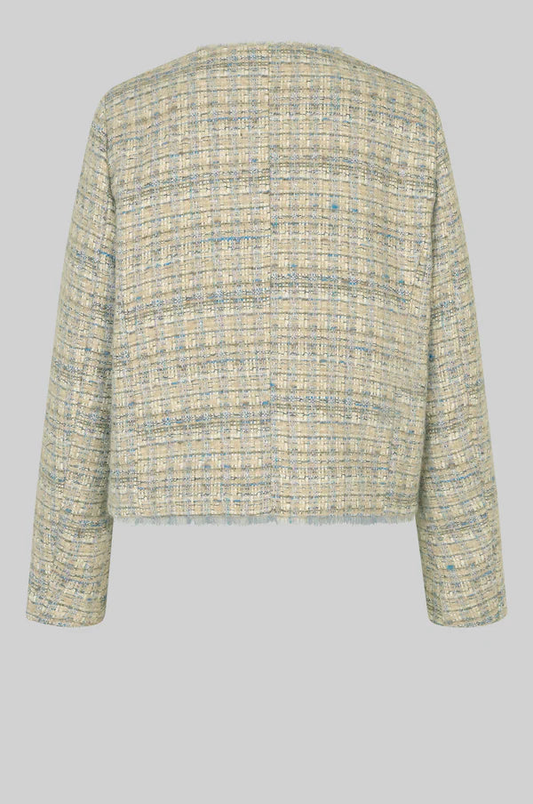 Boxy textured jacket with covered buttons and front pockets. 