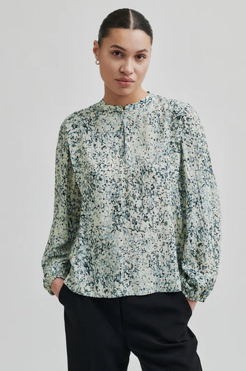 Long sleeve floral print blouse with Mandarin collar 