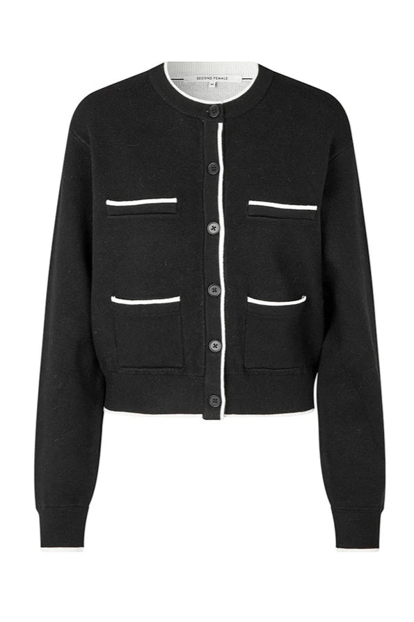 Black cardigan with white accents round collar and button through front. 