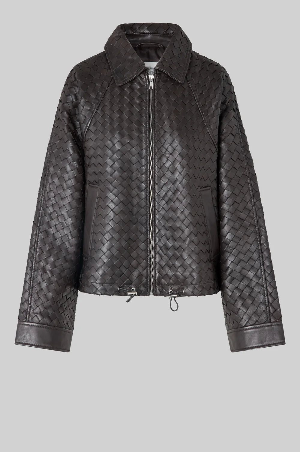 Chocolate Brown woven leather jacket on a light background