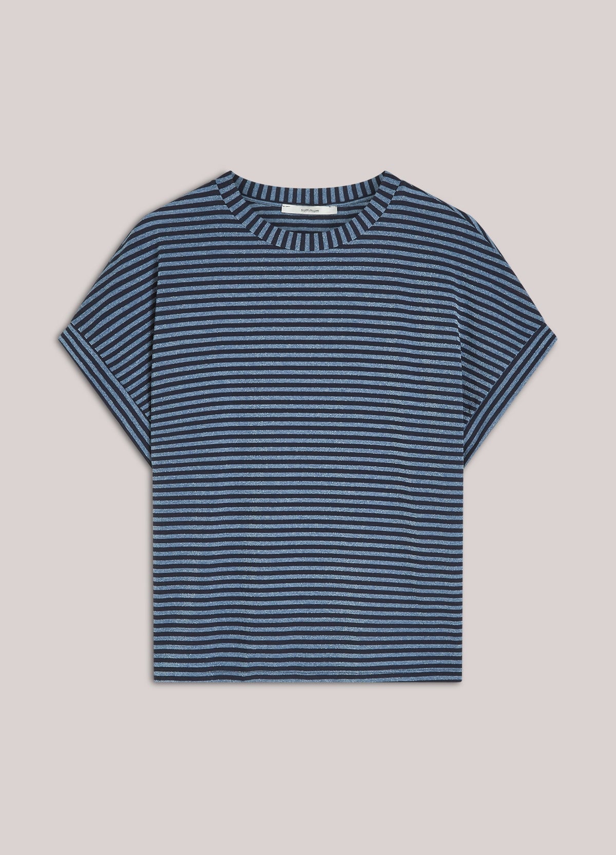 A short-sleeve crewneck knit top with horizontal navy and light blue stripes, displayed flat against a solid light beige background.