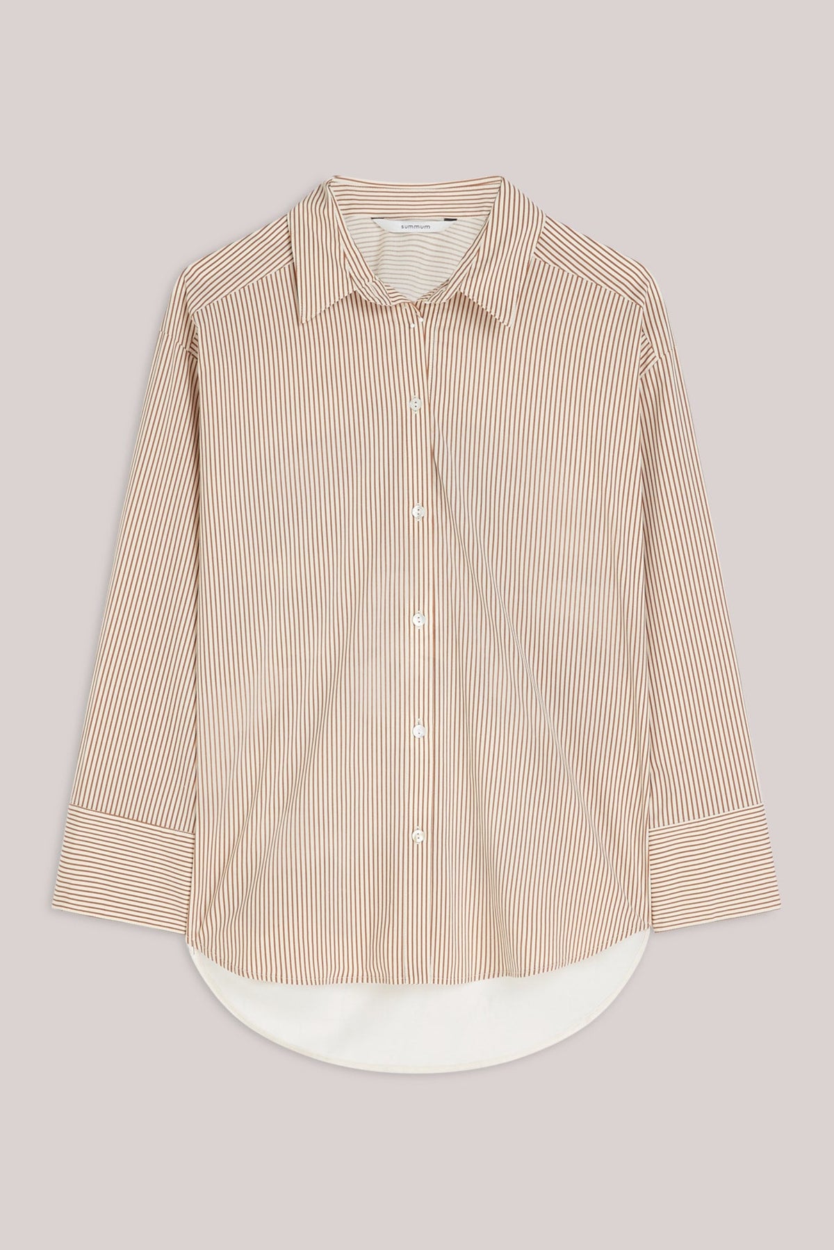 A beige and white vertically striped button-down shirt with a white underlayer peaking out at the curved hem, displayed flat against a light gray background.