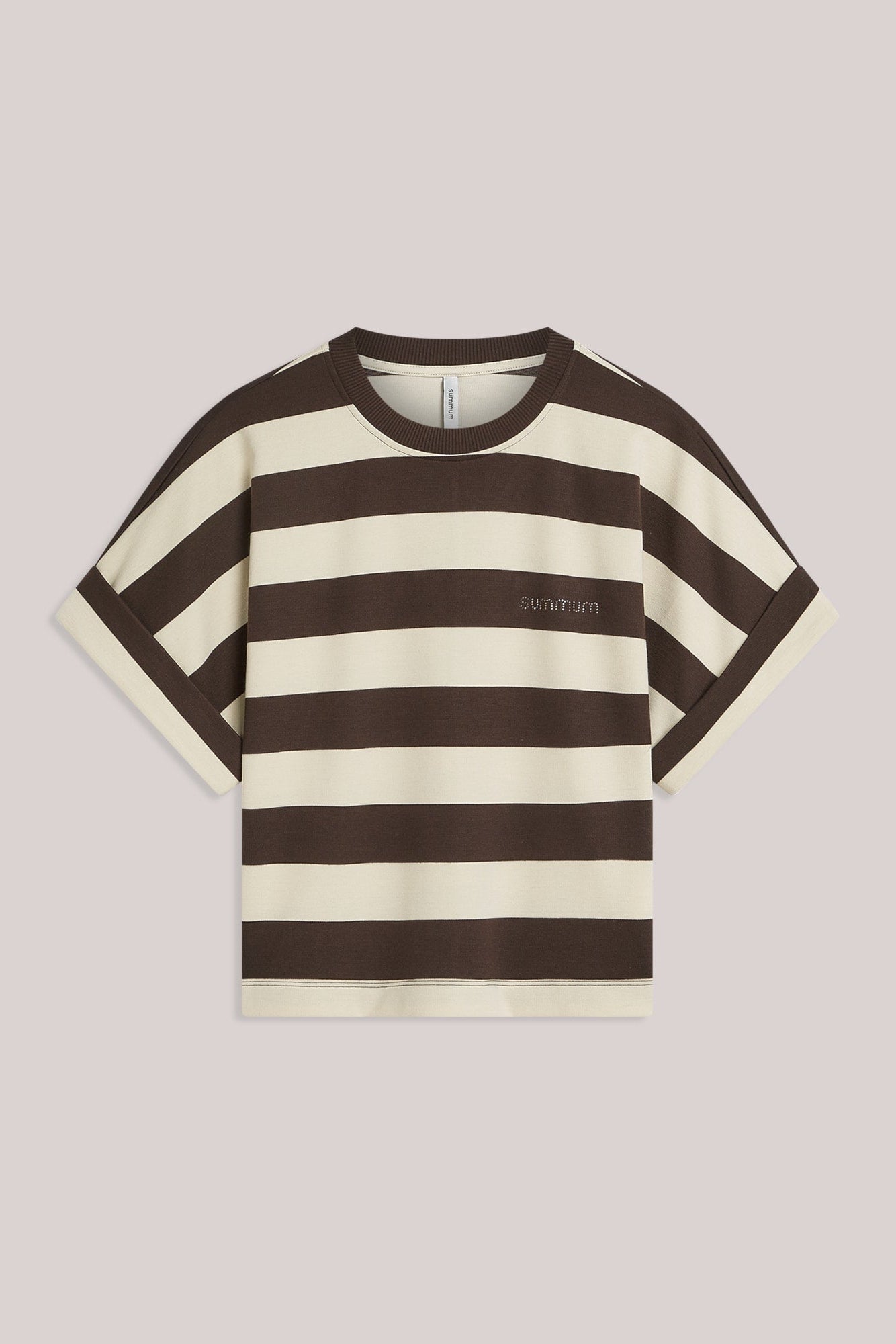 A short-sleeve crewneck t-shirt with horizontal dark brown and cream stripes, featuring a small embroidered 'summum' logo on the left chest, displayed on a plain background.