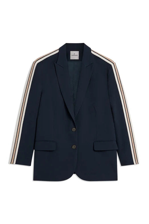 A navy blue blazer with signature three-stripe detailing on the sleeves, featuring beige and white stripes, shown against a plain white background.