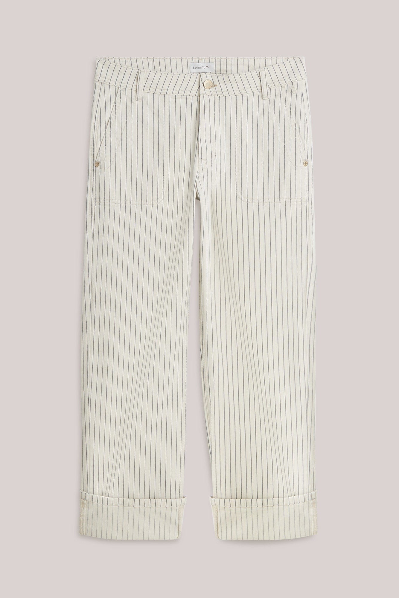 Ivory Denim pants with horizontal navy herringbone stripe and gold domes on a plain background. 