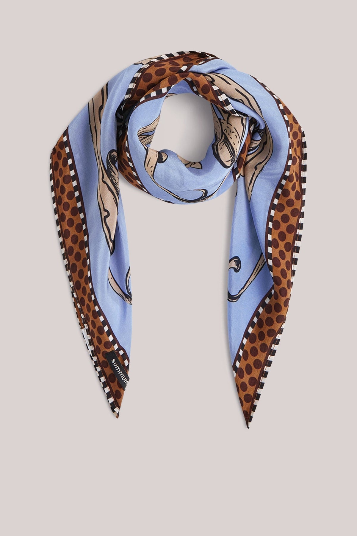 Square scarf with leopard print border on a light beige background