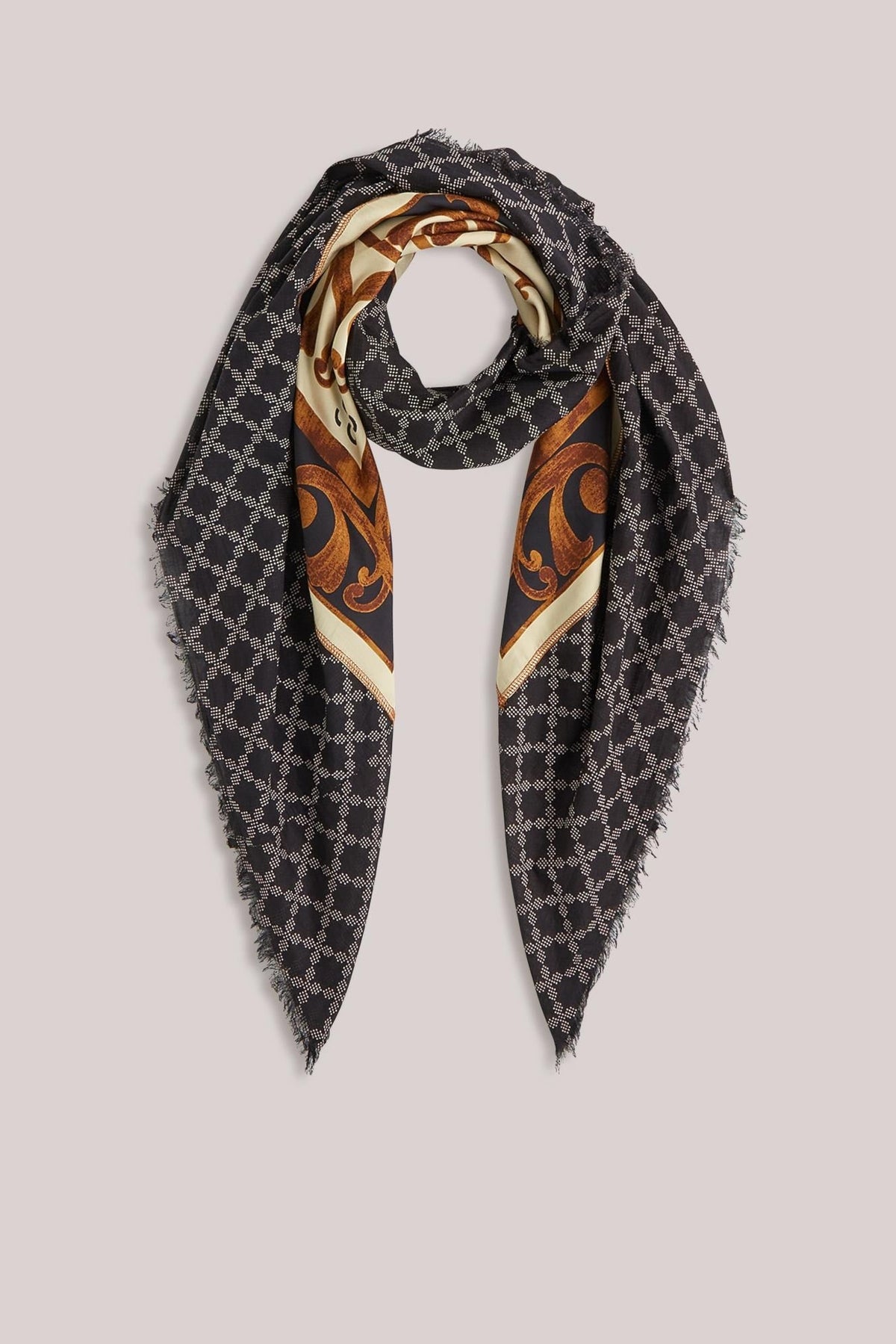 Patterned scarf with geometric design on a light gray background