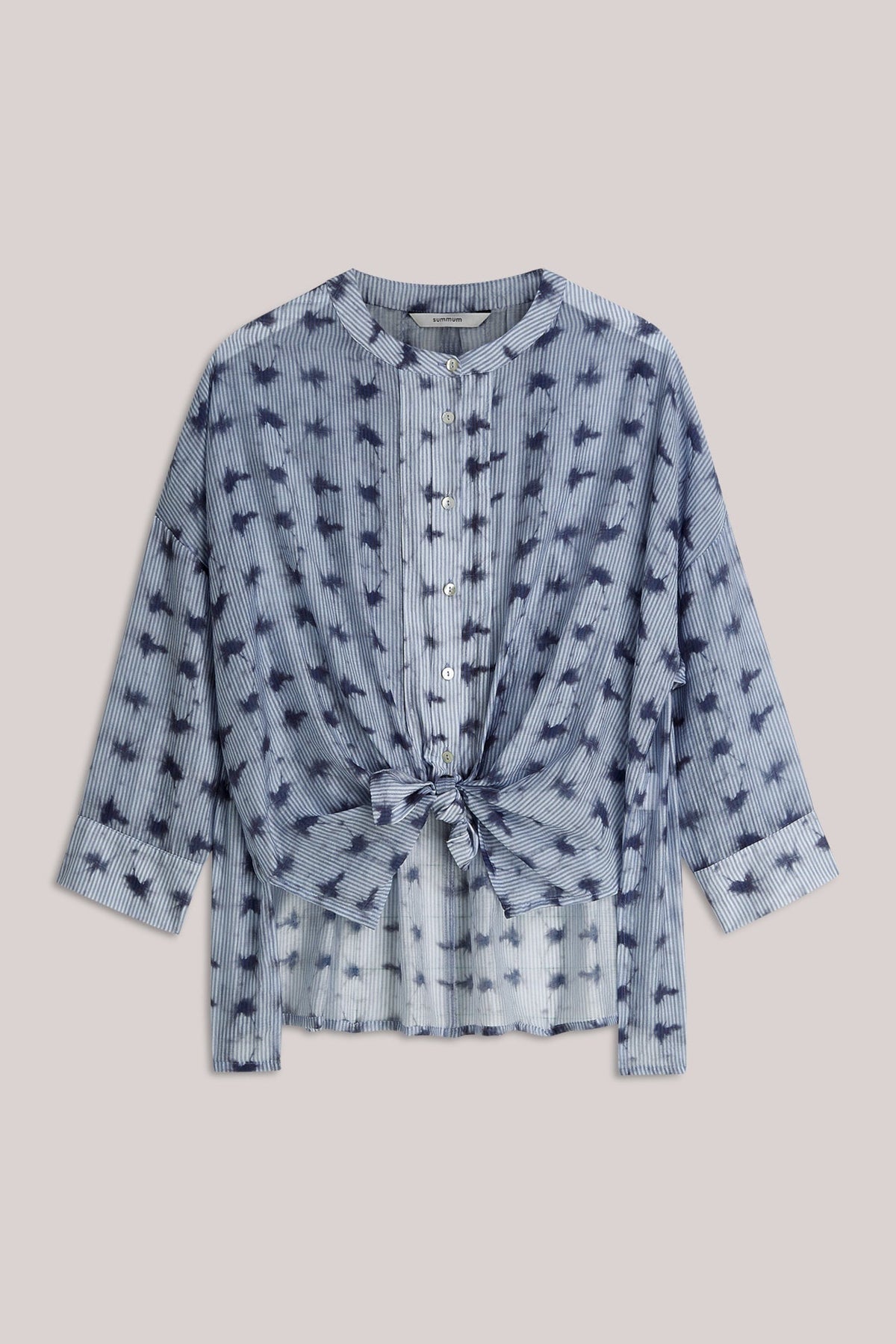 Light blue stripe pattern blouse with 3/4 sleeves and tied at the front on a plain background. 