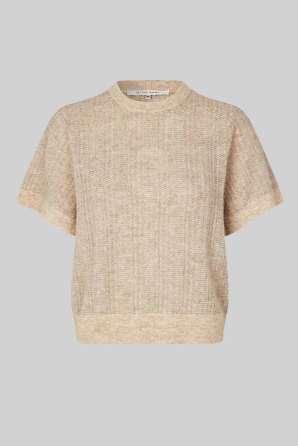 Sand coloured alpaca wool blend short sleeve top with texture and round neck. 