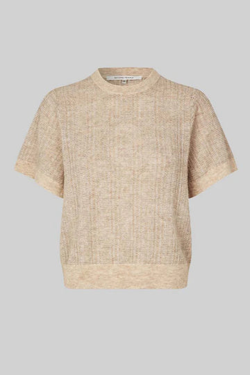 Sand coloured alpaca wool blend short sleeve top with texture and round neck. 