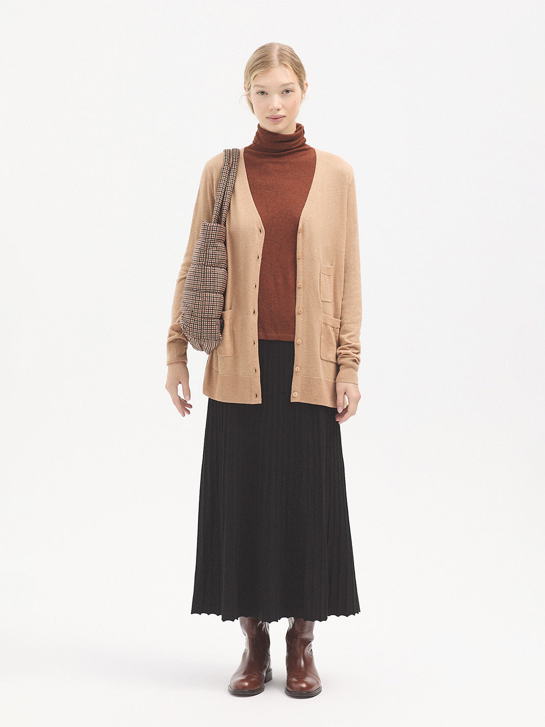 Long Merino Blend Cardigan in natural beige colourway. 