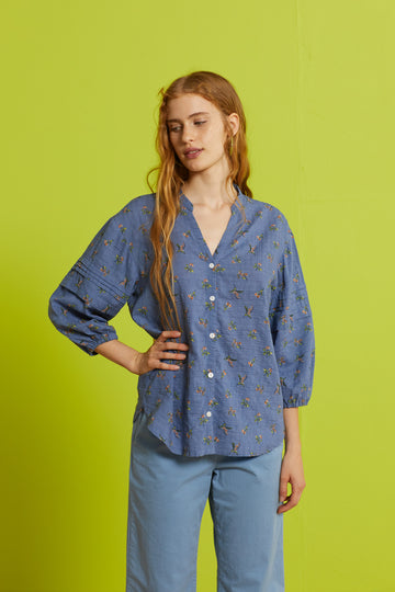 Nice Things Little Bloom Print Slub Shirt - Soft Blue