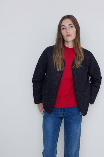 Black Long Sleeve Quilted Jacket with front zip. 