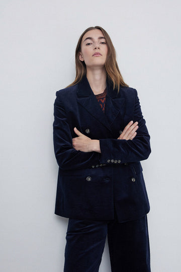 Navy Corduroy double breasted womens blazer. 