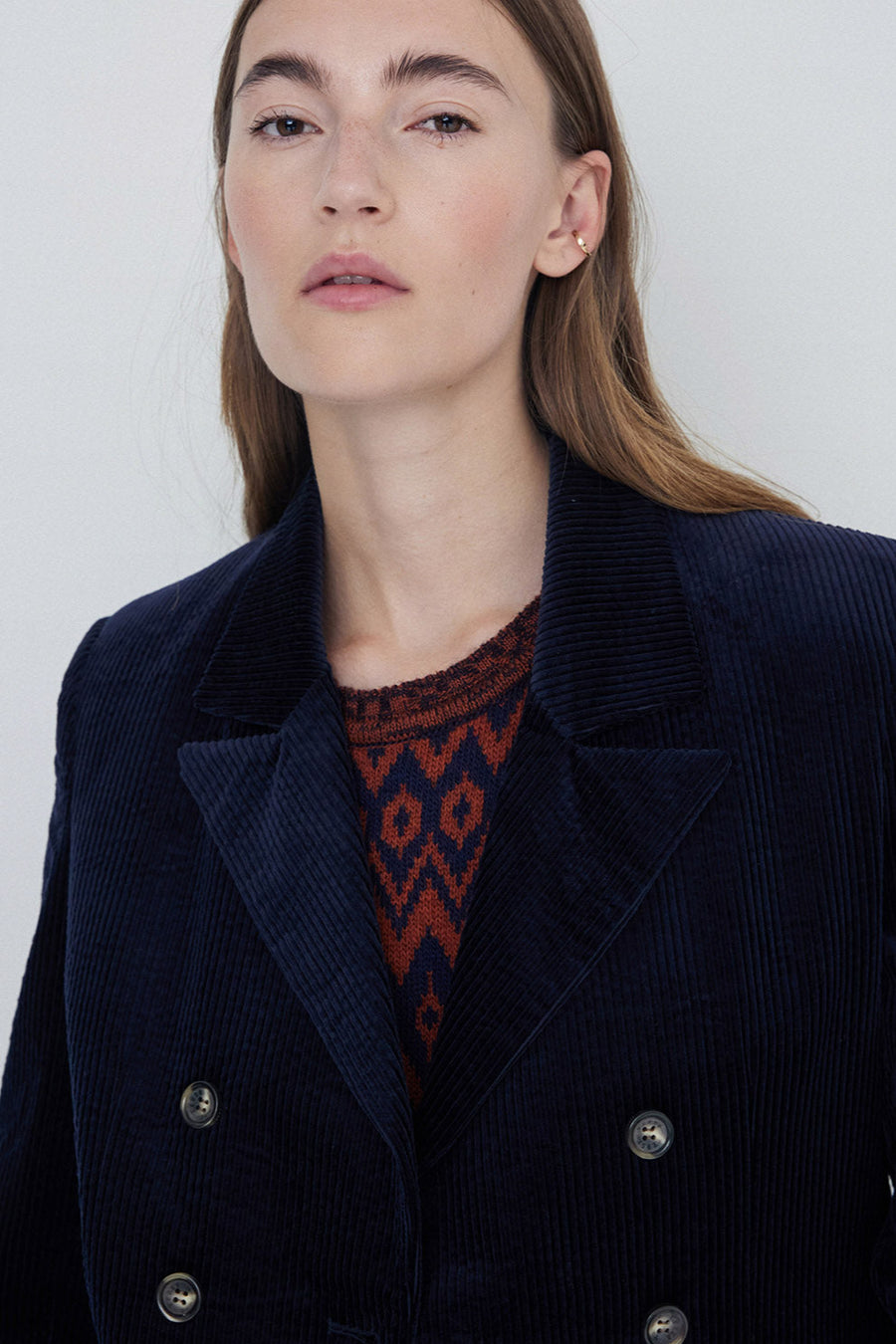 Navy Corduroy double breasted womens blazer. 