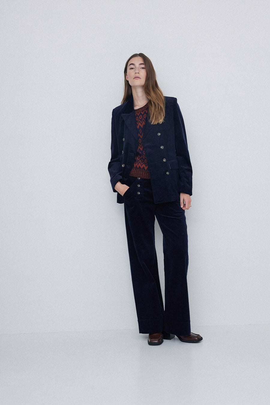 Navy Corduroy double breasted womens blazer. 