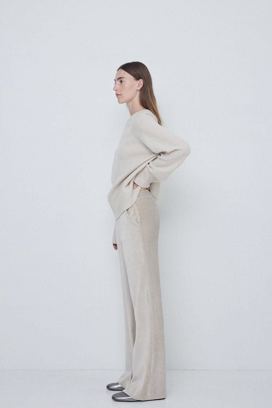 Wide Leg Corduroy Trouser in Natural with elastic waist. Side. 