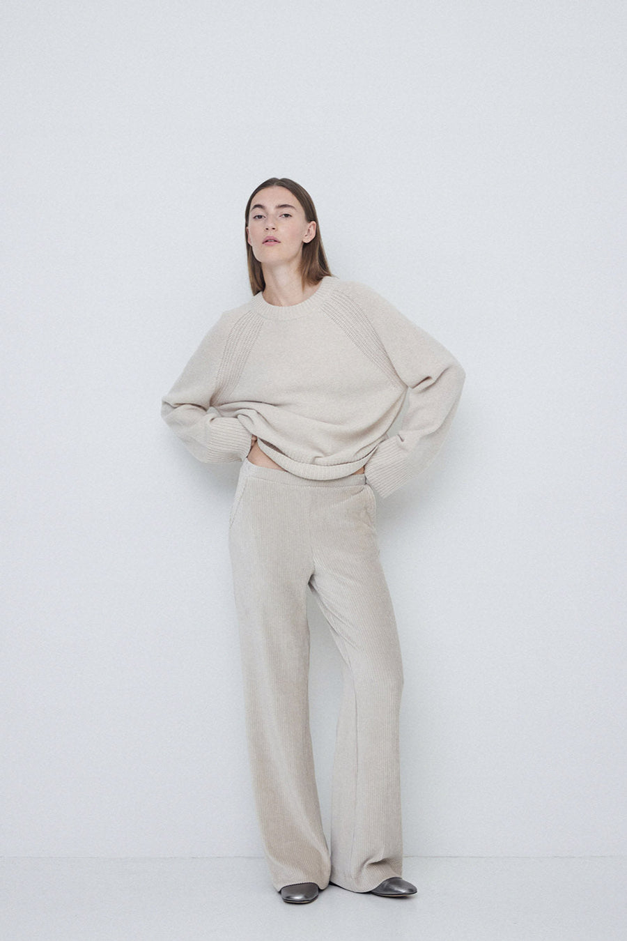 Wide Leg Corduroy Trouser in Natural with elastic waist. Front. 