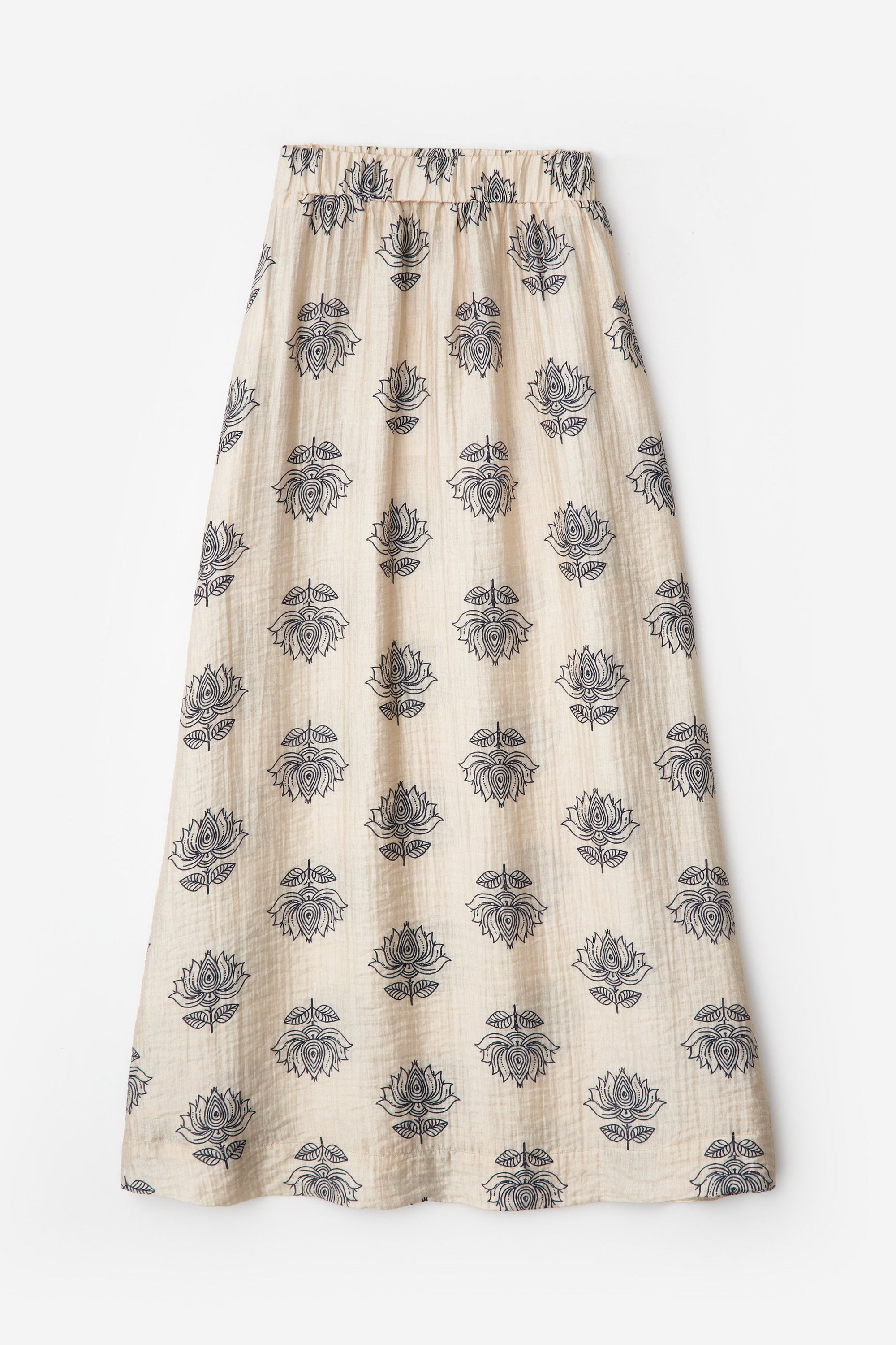 Ceam maxi skirt with  a navy floral print on a grey background. 