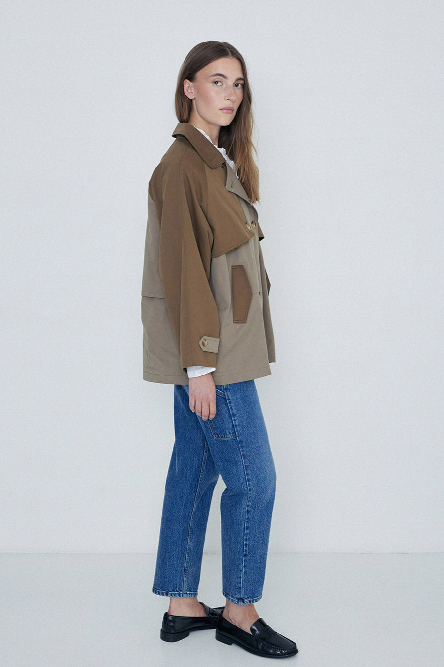 Khaki two tone double breasted short length trench coat side 