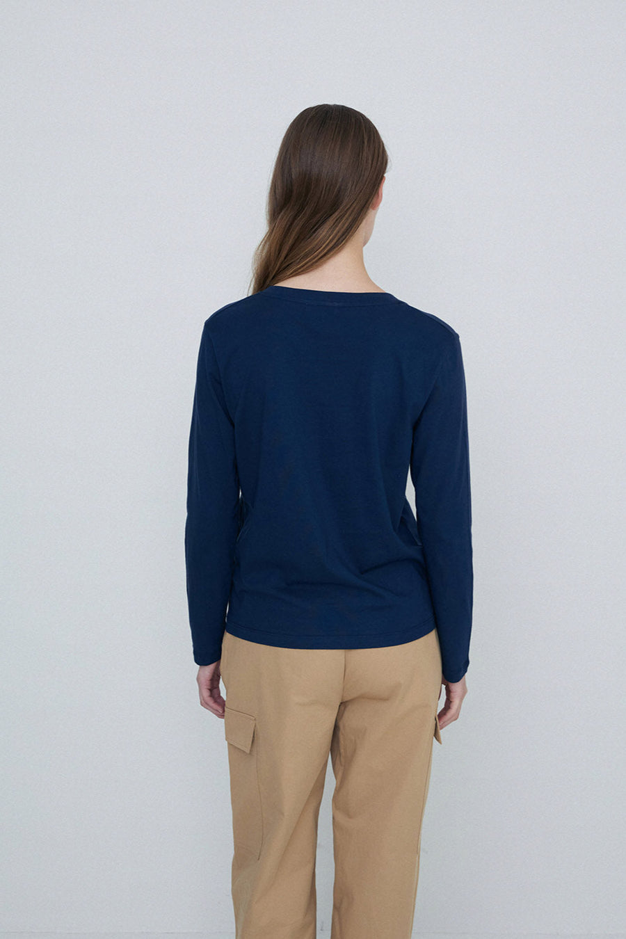 Long Sleeve cotton v neck tee in navy. 
